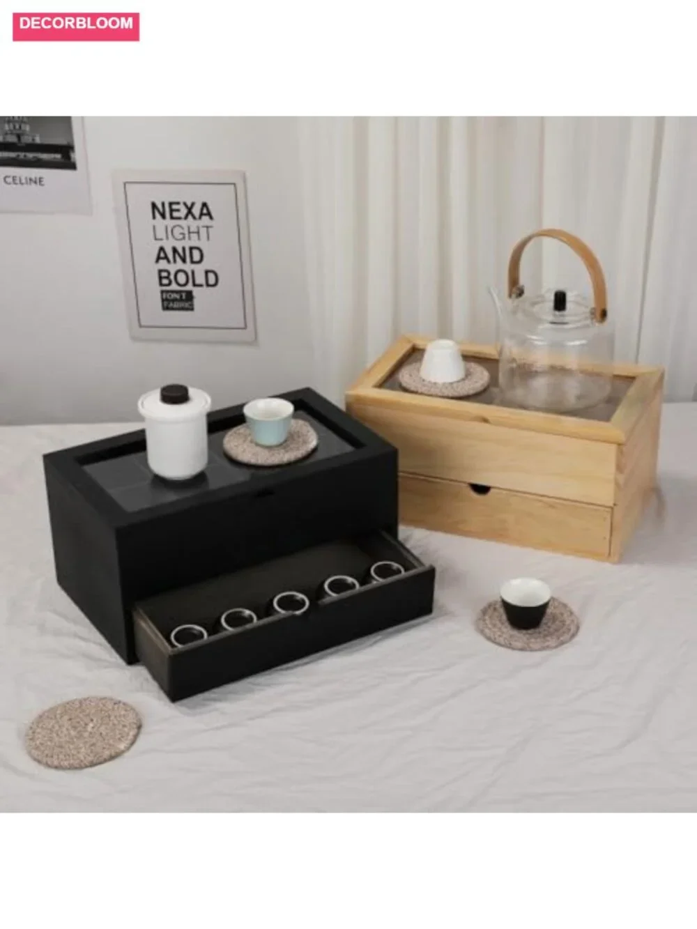 Wooden Tea Bag Organizer with Drawer - Acacia Wood Storage Box with Coasters